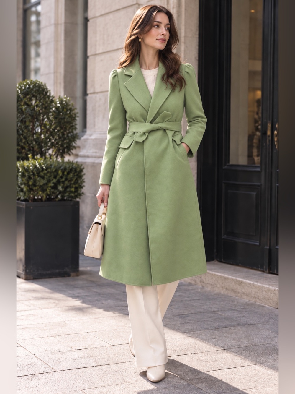 100% Wool Sage Green Belted Double-Faced Coat Size M